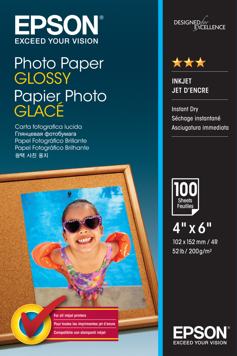 Confezione di carta fotografica lucida Epson con foto e dettagli testuali.