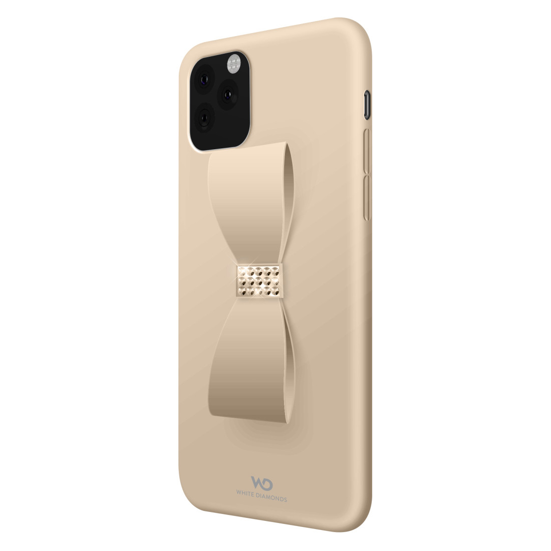 Custodia per telefono beige con decorazione a fiocco e centro dorato. Il telefono ha tre fotocamere.