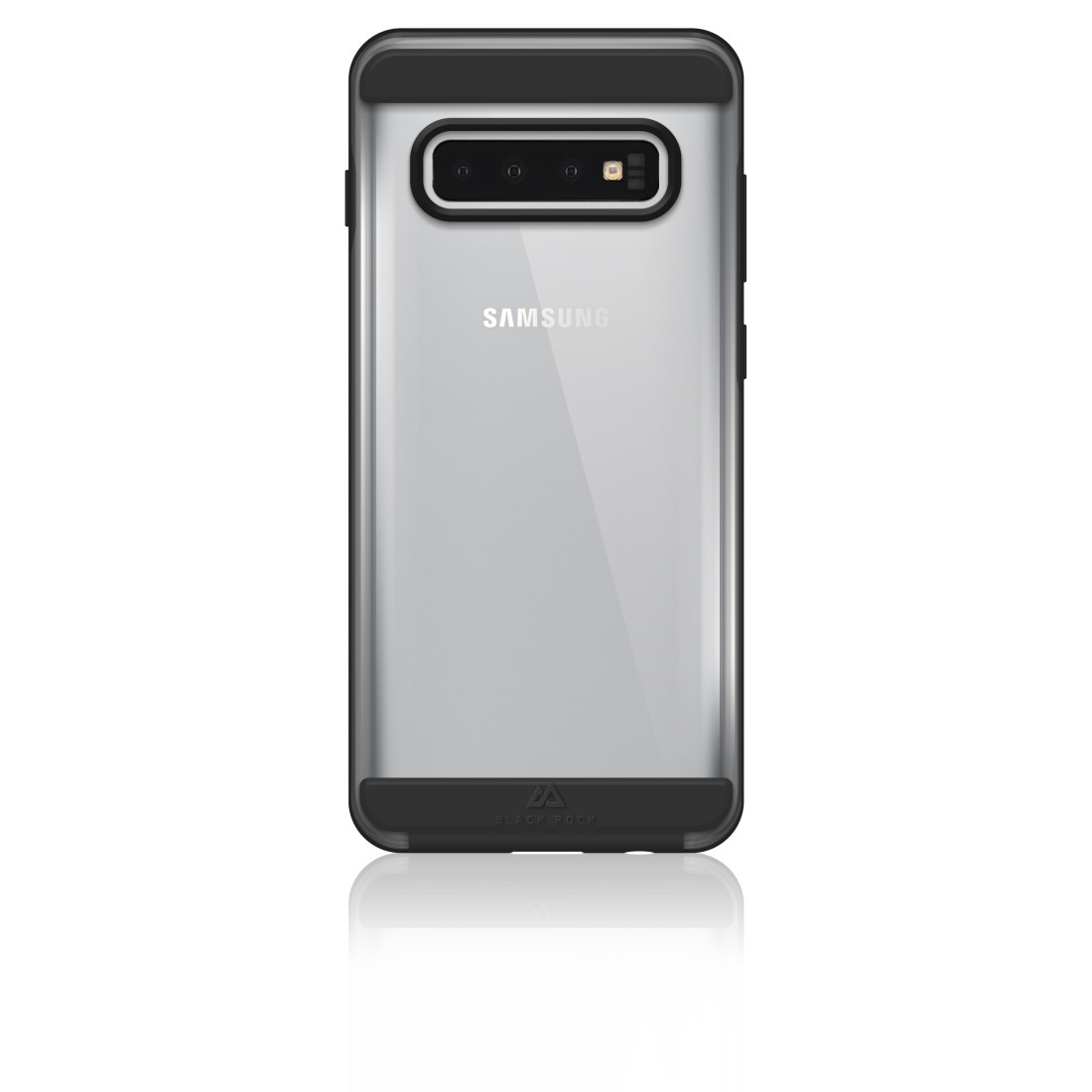 Przezroczyste etui na telefon z czarnymi krawędziami i logo Samsung z tyłu, odbijające się na białej powierzchni.