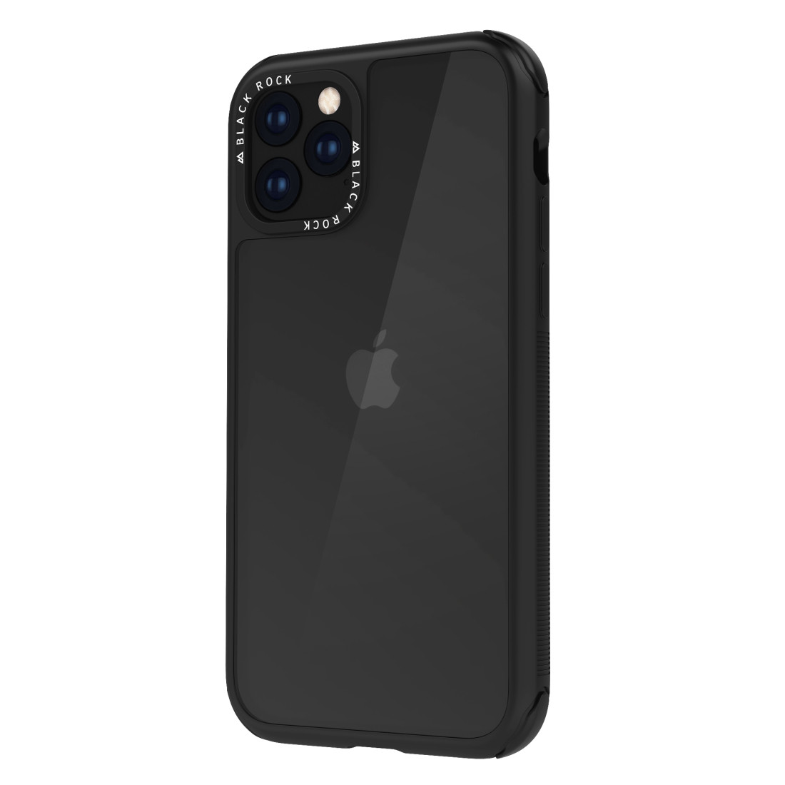 iPhone nero con custodia trasparente che mostra il logo Apple e le lenti della fotocamera.