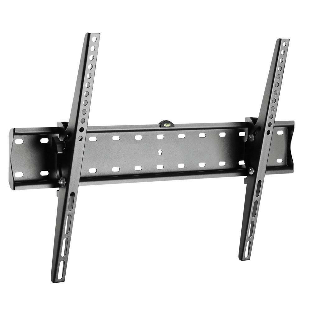 Schwarze Metall-TV-Wandhalterung auf weißem Hintergrund, mit zwei vertikalen und einem horizontalen Balken.