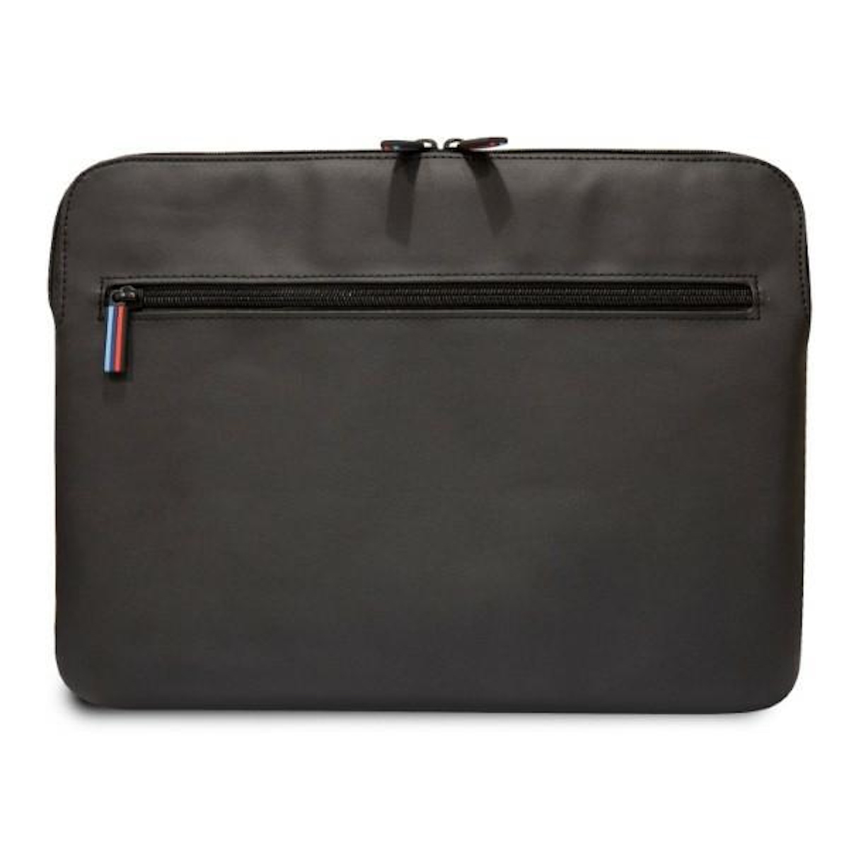 Eine schwarze Laptoptasche mit Reißverschluss und farbigem Akzent am Reißverschluss.