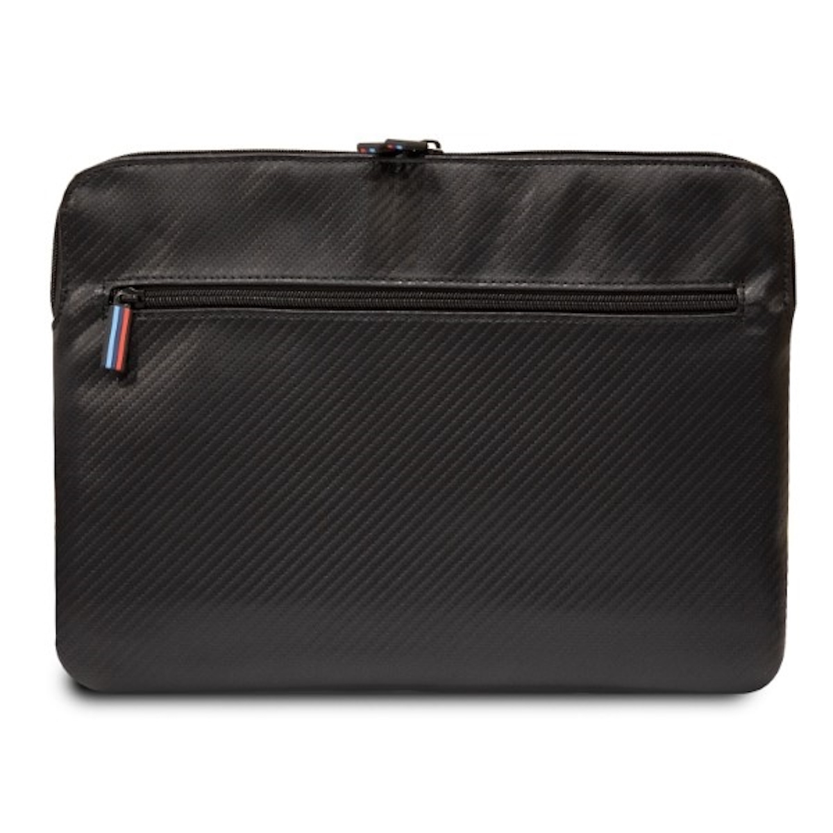 Eine schwarze Laptoptasche mit Reißverschluss. Die Tasche hat eine Kohlefaserstruktur und einen farbigen Streifen.