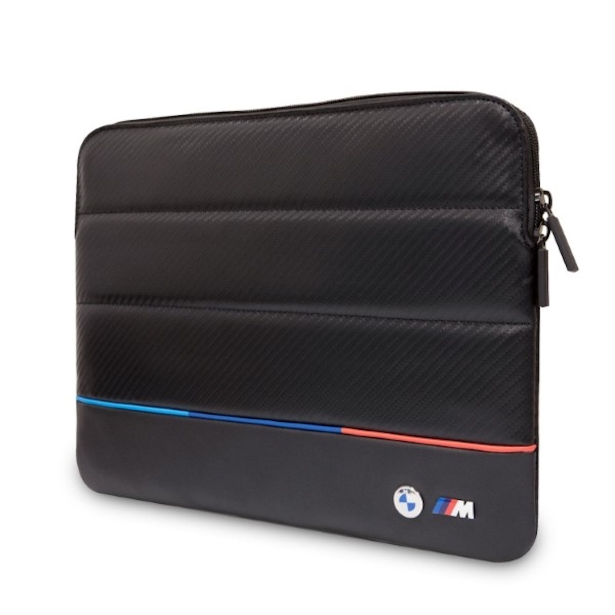 Schwarze Laptoptasche mit BMW-Logo. Es hat blaue, rote und weiße Streifen. Das Material ist strukturiert.