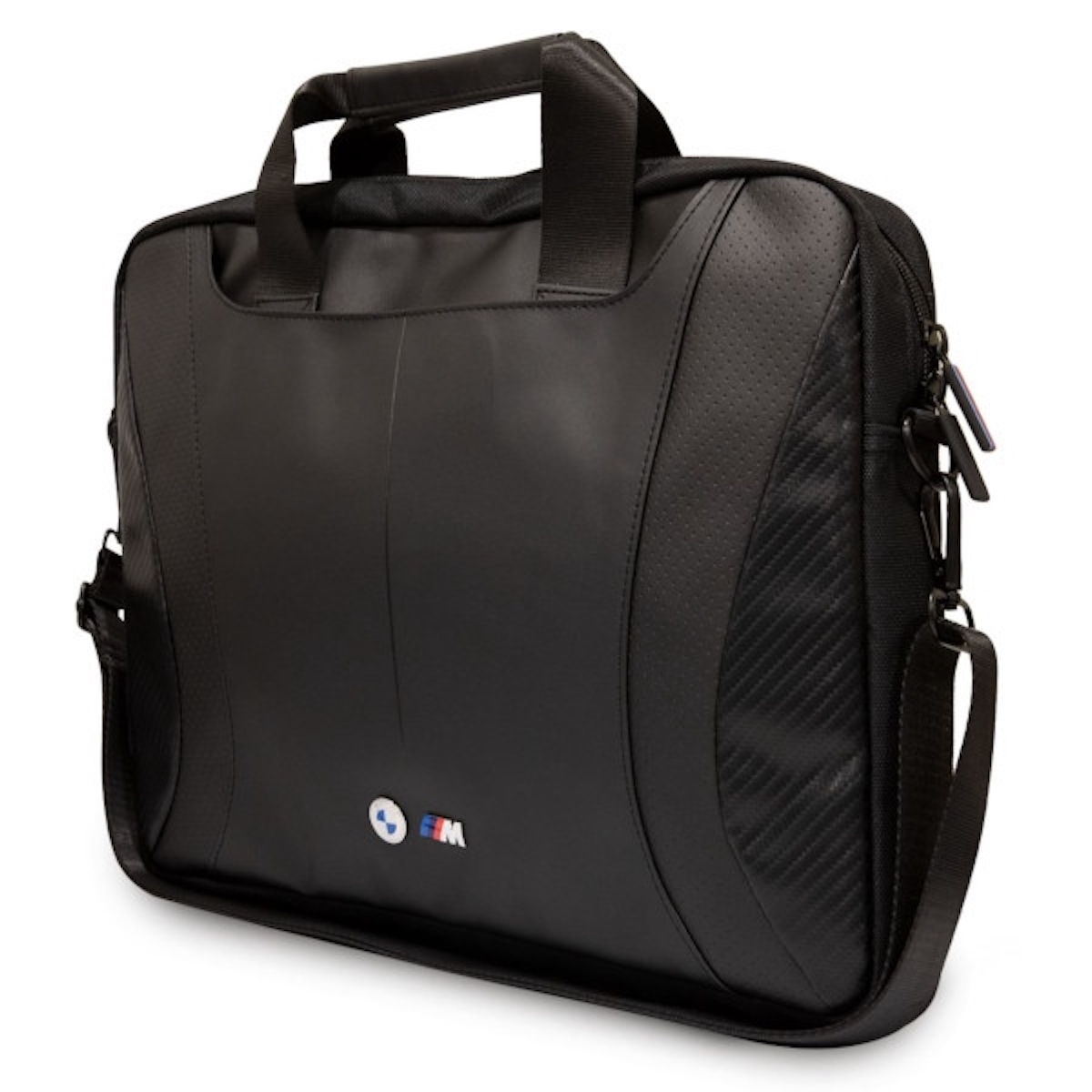 Eine schwarze Aktentasche mit Griff, Schulterriemen und BMW-Logo.
