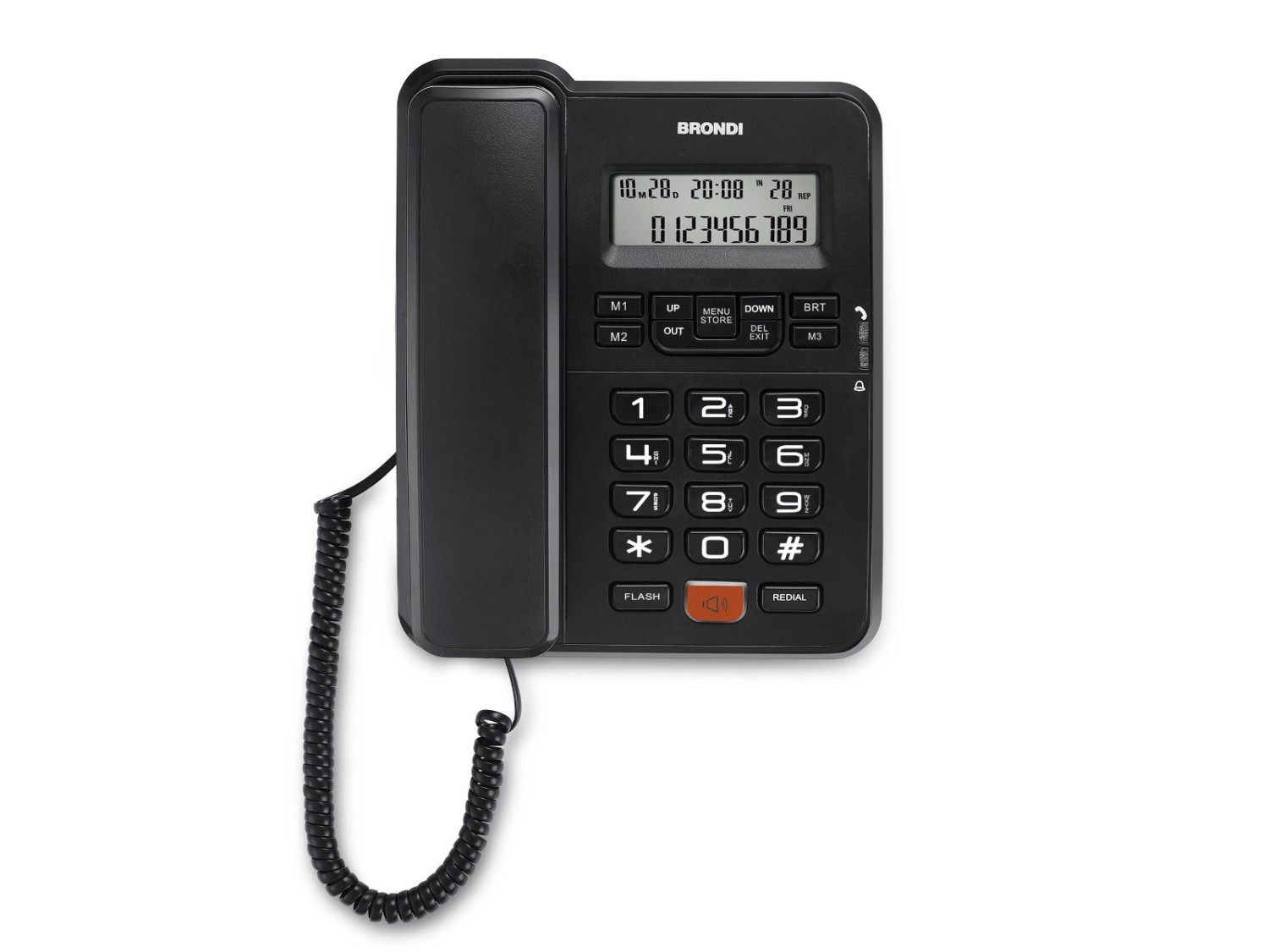 Schwarzes Festnetztelefon mit Display und Zifferntasten, auf weißem Hintergrund. Ein Spiralkabel ist angebracht.