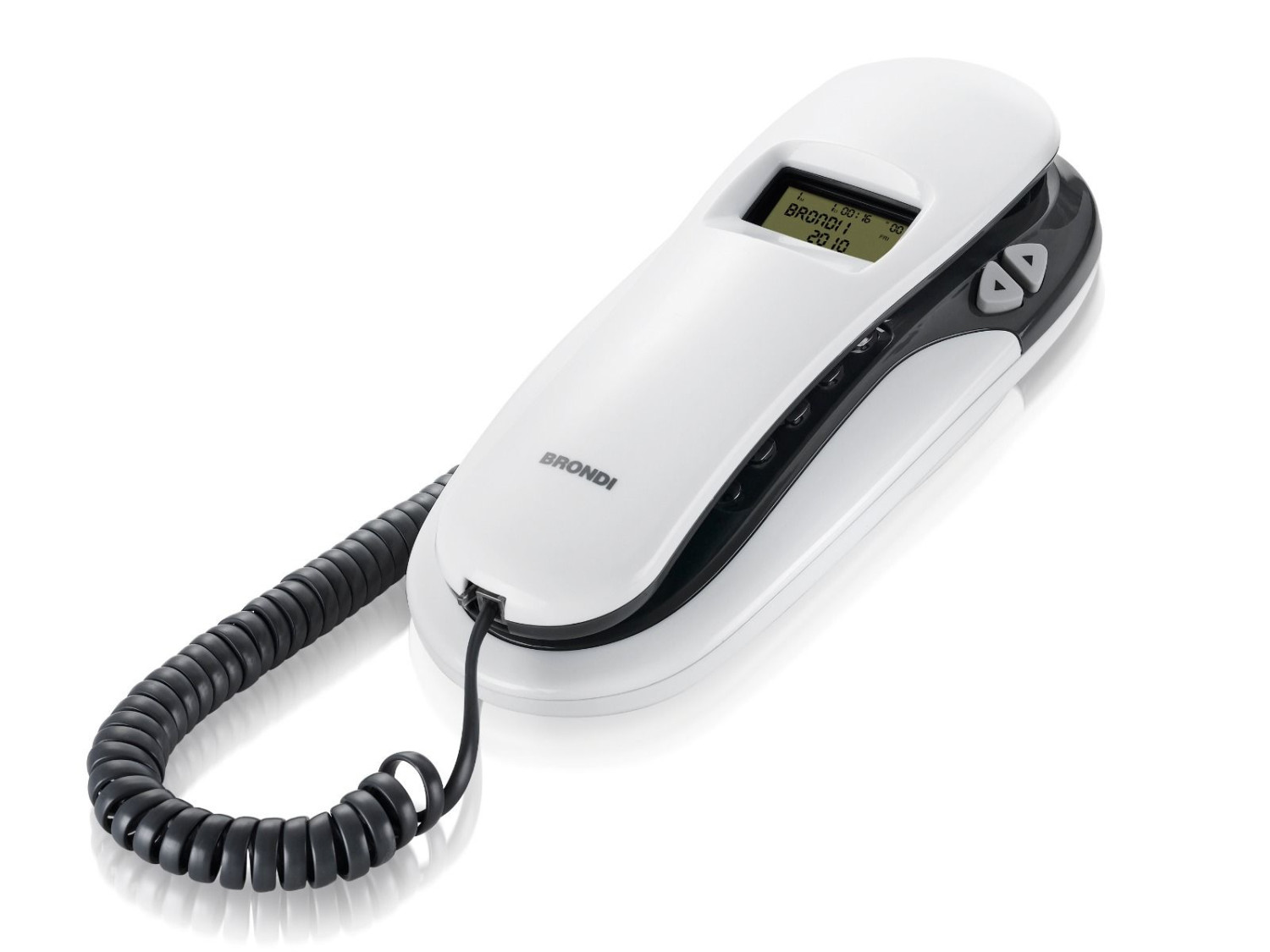 Telefono fisso bianco e nero con display e cavo a spirale, posizionato ad angolo su una superficie bianca.