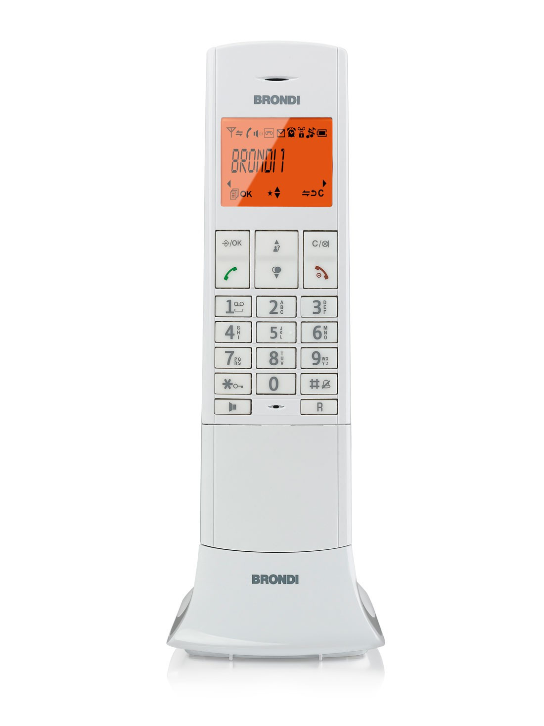 Telefono cordless bianco con schermo che mostra 'BRONDI' e pulsanti. Si trova su una base bianca.