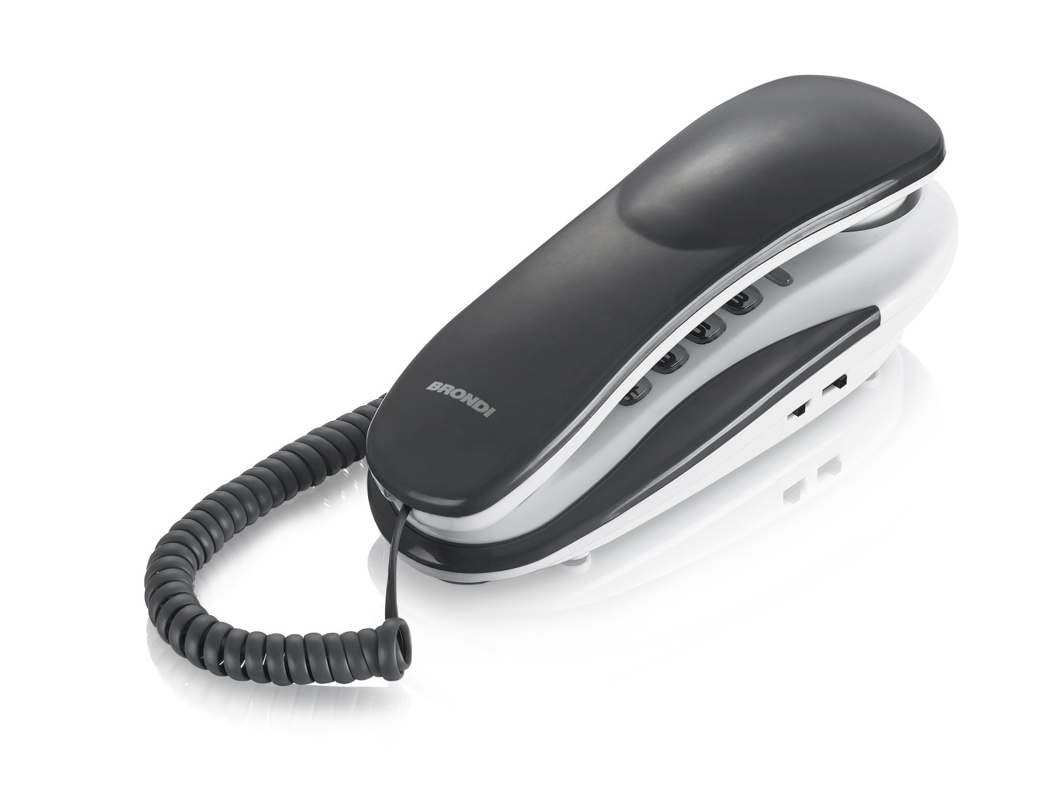Telefono Brondi bianco e nero. Con cavo a spirale. Sfondo bianco.