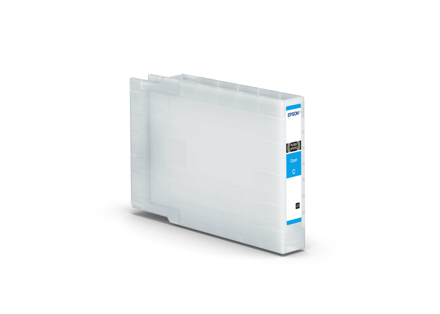 Przezroczysty wkład z tuszem Epson cyan na białym tle, widok z góry.
