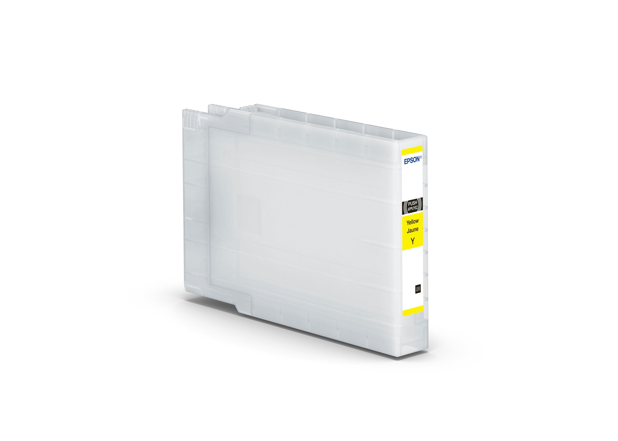 Eine gelbe Epson Tintenpatrone auf weißem Hintergrund.