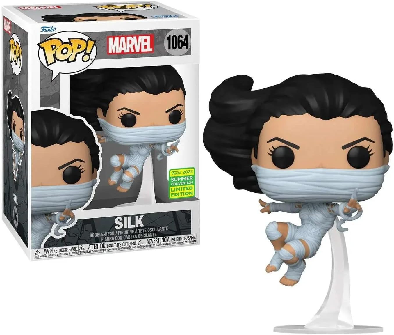 Funko Pop di Silk, personaggio Marvel, con base bianca.