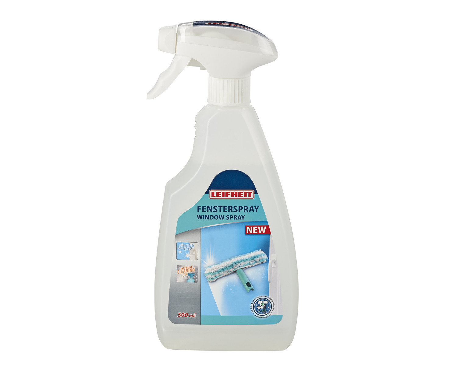 Un flacone spray bianco di detergente per vetri. Il flacone ha un'etichetta blu con un diagramma di pulizia.