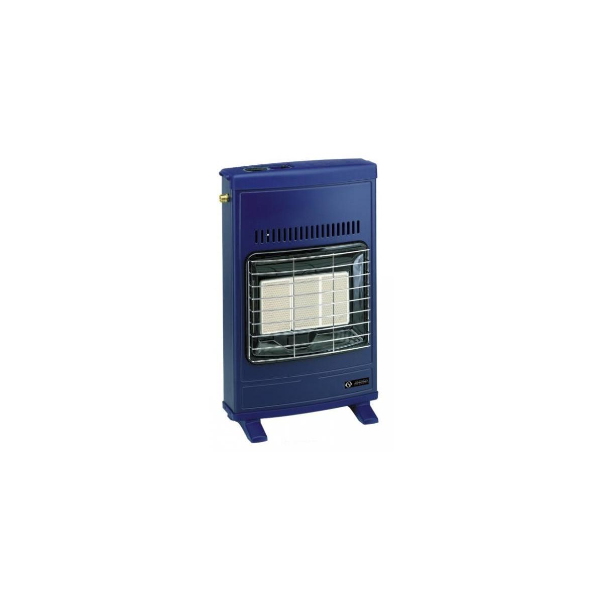 Termoventilatore blu, rettangolare con griglia frontale. Ha due piedini e un pannello di controllo.