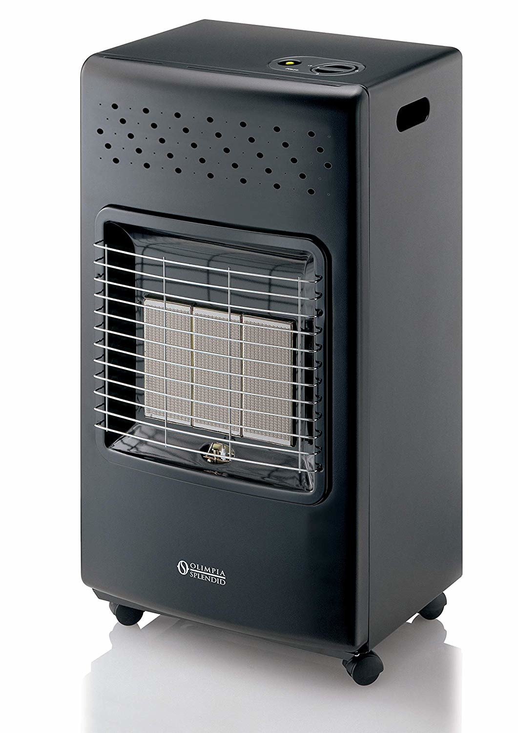 Schwarzer Gasheizer mit Griff und Grill. Er hat Räder und eine Seitenlüftung.