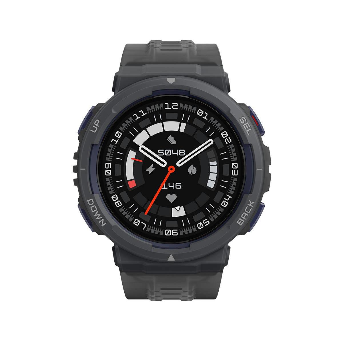Montre connectée avec boîtier gris foncé, écran circulaire et plusieurs boutons latéraux.