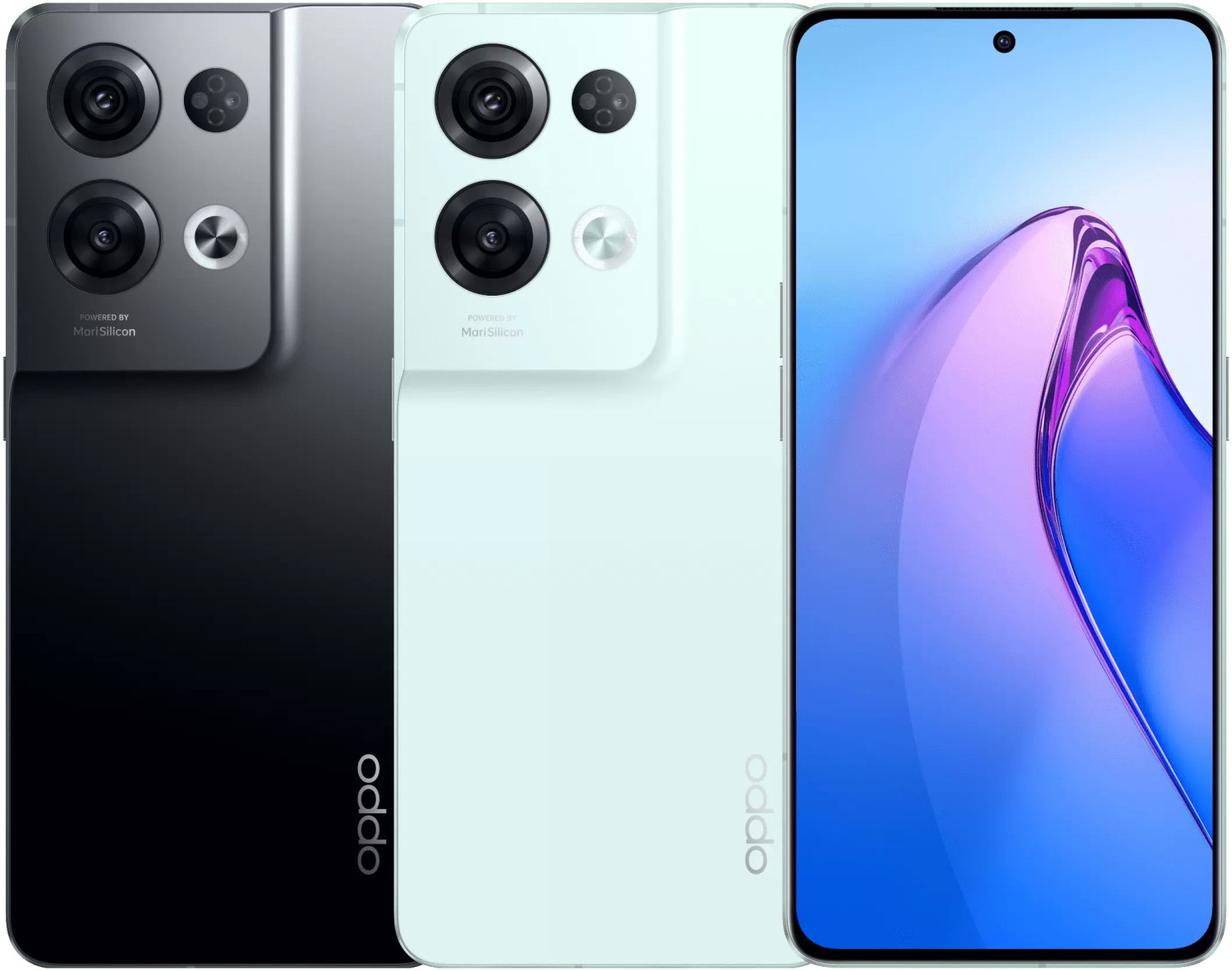 Dos smartphones Oppo; vistas traseras negras y blancas, y vista de pantalla con fondo azul.
