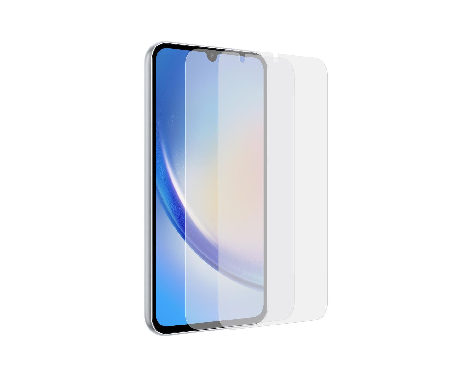 Uno smartphone con una protezione schermo accanto, su sfondo bianco. Lo schermo mostra sfumature blu e bianche.