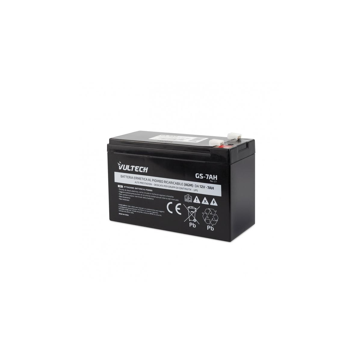 Batteria rettangolare nera con testo e simboli bianchi. L'etichetta è VULTECH.
