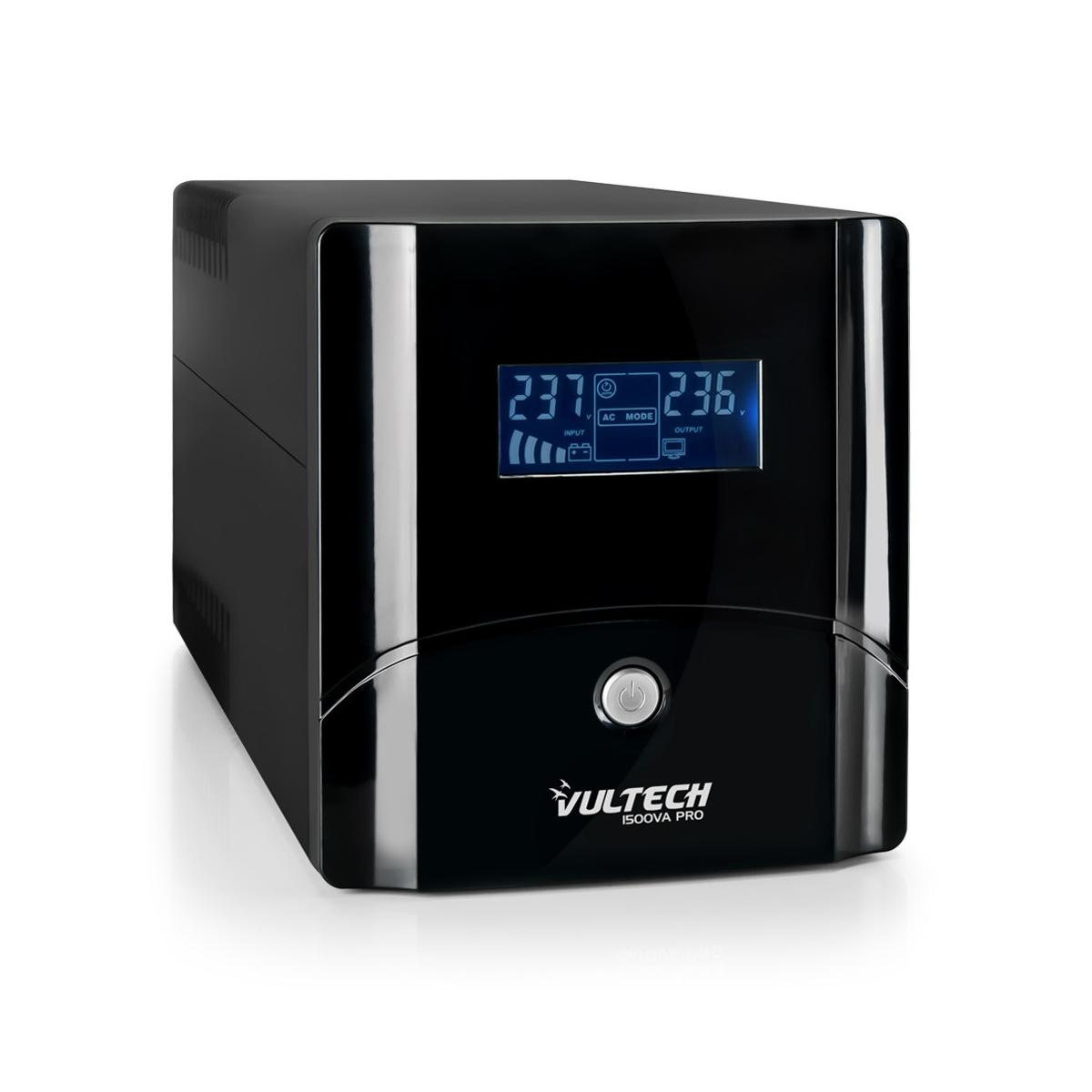 Gruppo di continuità Vultec nero con display che mostra numeri. Sfondo bianco.