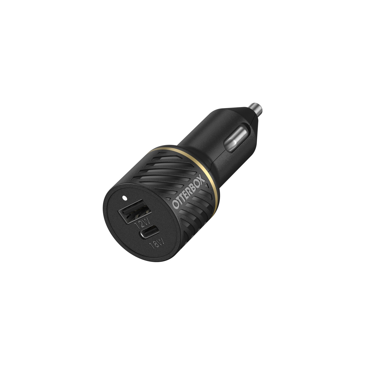 Cargador de coche negro con dos puertos USB, etiquetados 12W y 18W, sobre fondo blanco.