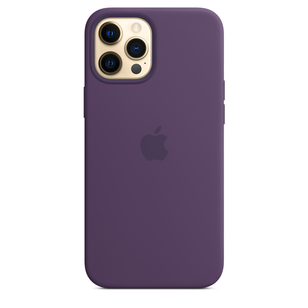 Paarse telefoonhoes met een camera-uitsparing. Apple-logo aan de achterkant.