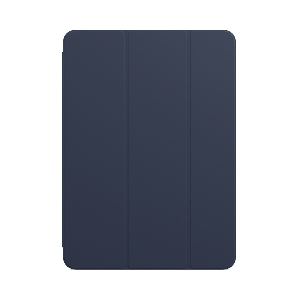 Eine marineblaue iPad-Hülle, geschlossen und aufrecht stehend. Die Hülle ist schlicht und hat eine glatte Oberfläche.