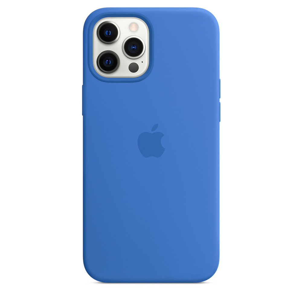 Custodia blu per iPhone con tre lenti della fotocamera e il logo Apple.