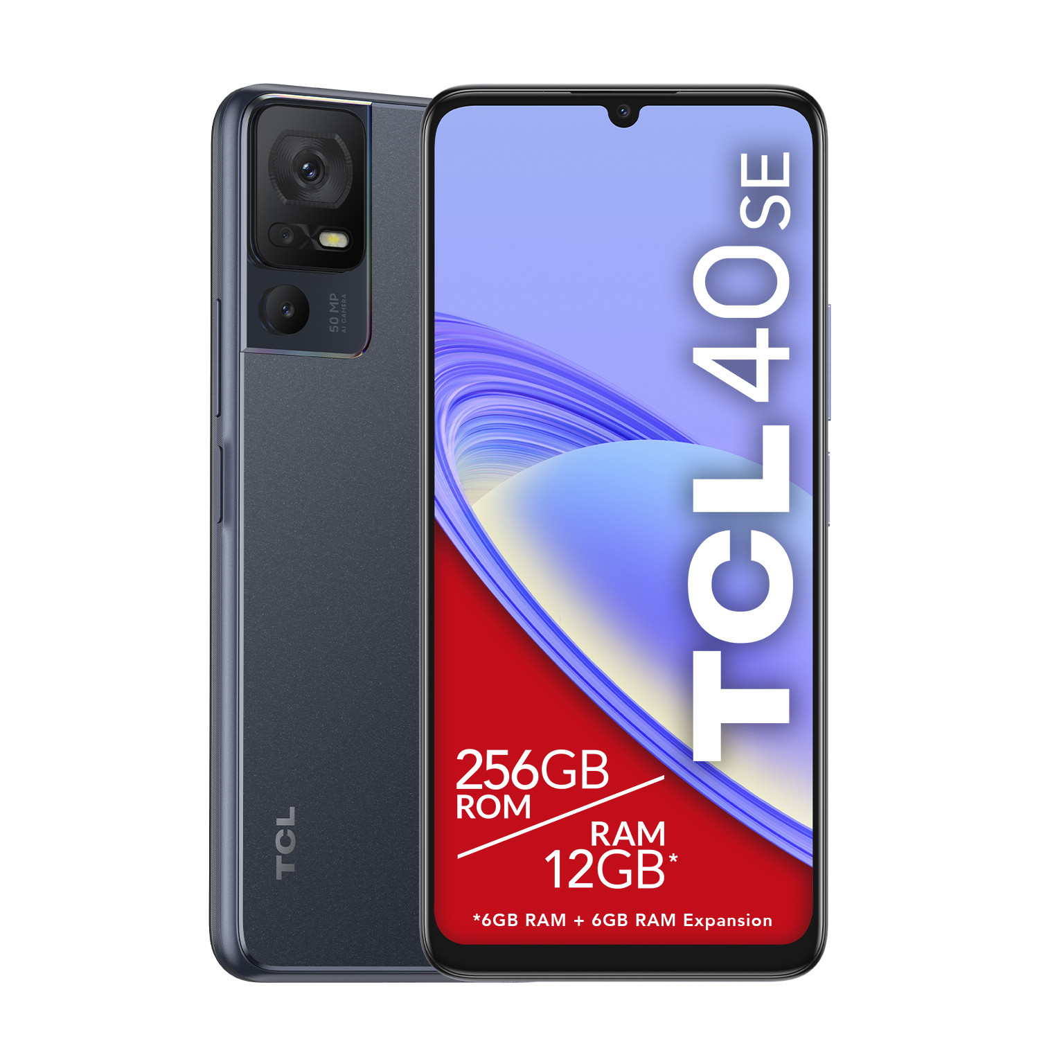 Smartphone TCL 40 SE, azul oscuro, configuración de cámara dual. Pantalla muestra 256 GB ROM, 12 GB RAM.