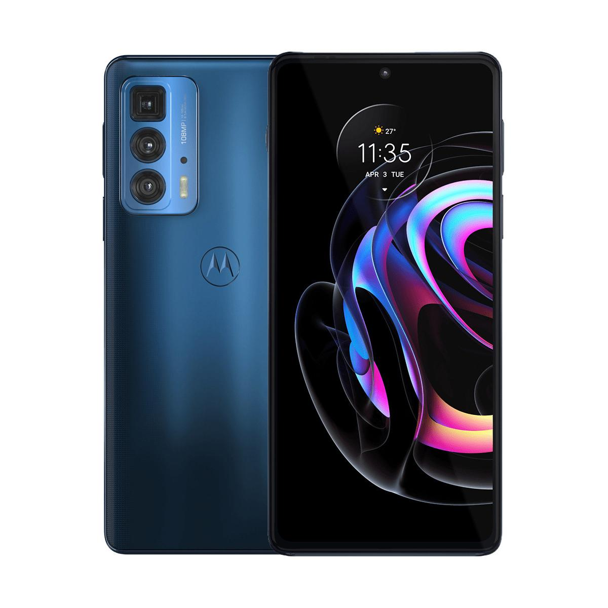 Zwei blaue Smartphones, eines mit Bildschirm, der Zeit und Symbole zeigt. Beide haben Kameras.