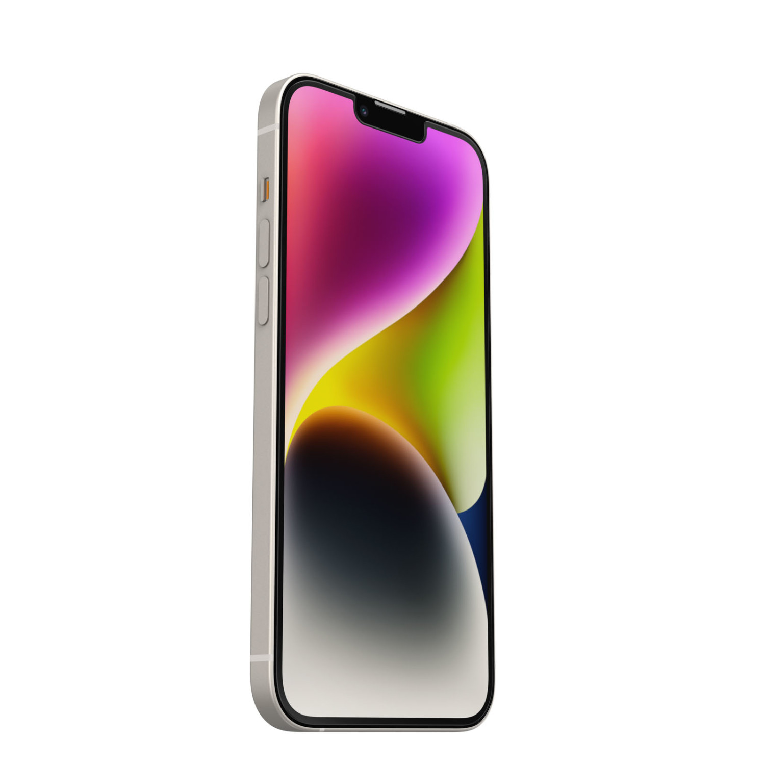 iPhone argentato angolato verso destra. Lo schermo mostra colori vivaci con una sezione superiore nera.