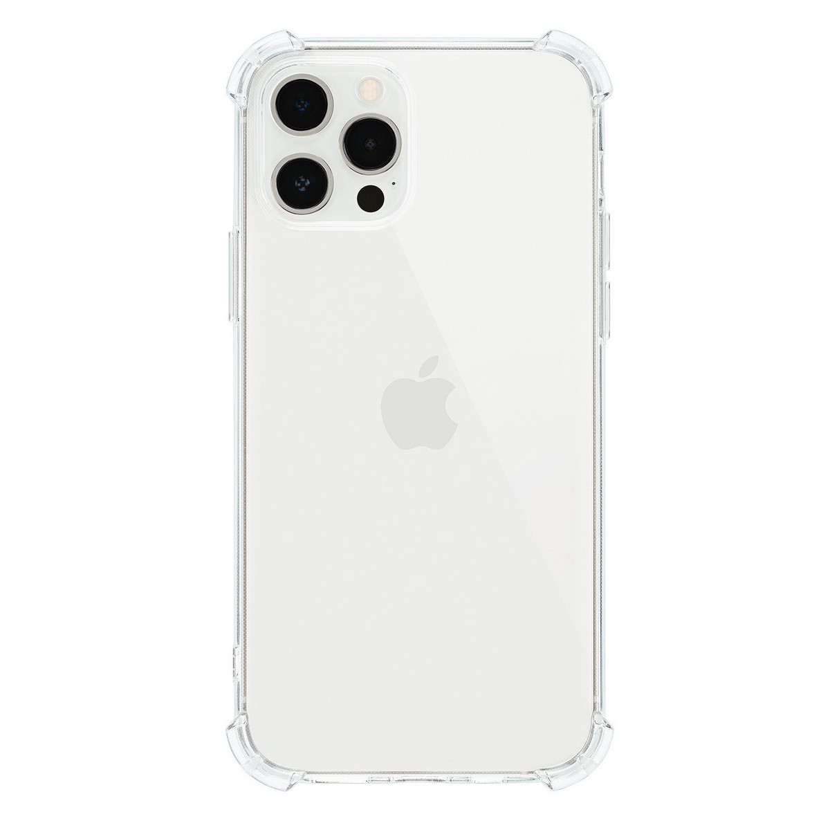 Transparente iPhone Hülle auf weißem Hintergrund, Rückseite des iPhones zeigend. Klares, schützendes Design.