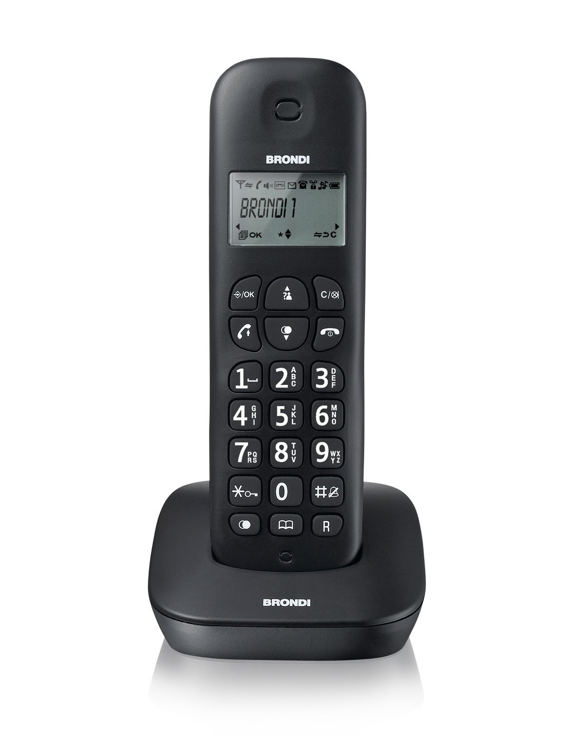 Telefono cordless nero su base. Schermo e tasti numerici. BRONDI.