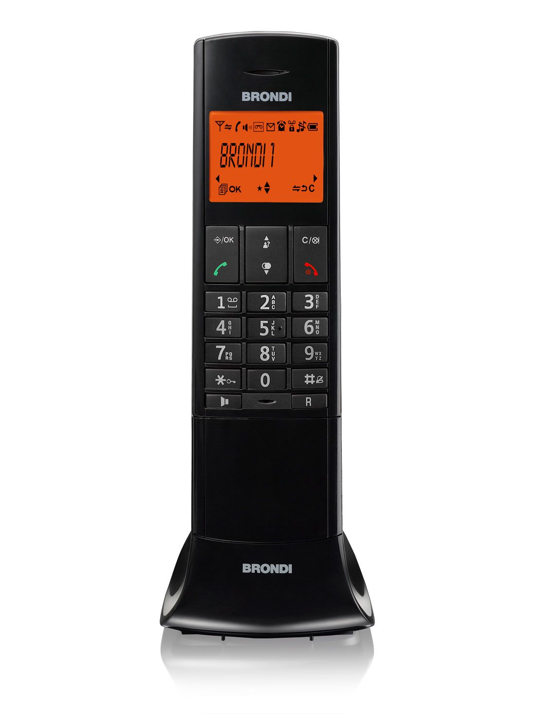 Schwarzes Brondi Festnetztelefon mit Tasten und Display. Das Display zeigt Text in Orange.