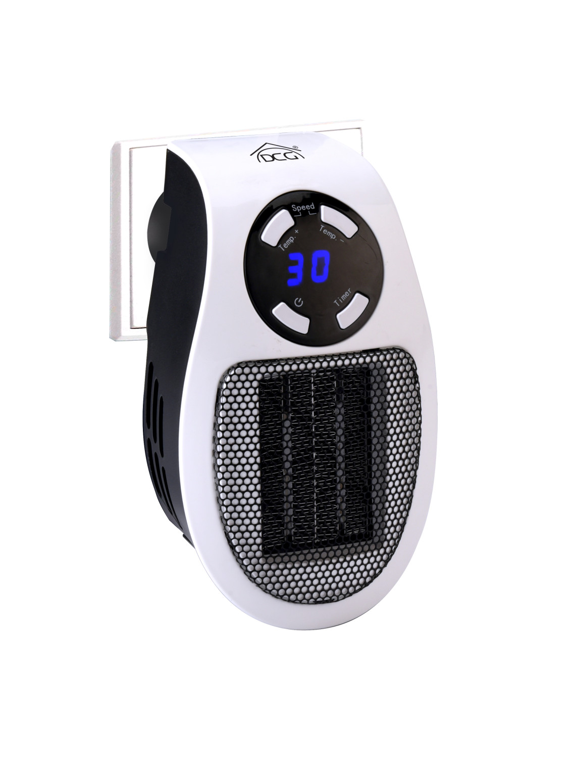 Riscaldatore elettrico bianco e nero collegato a una presa a muro, con display digitale.