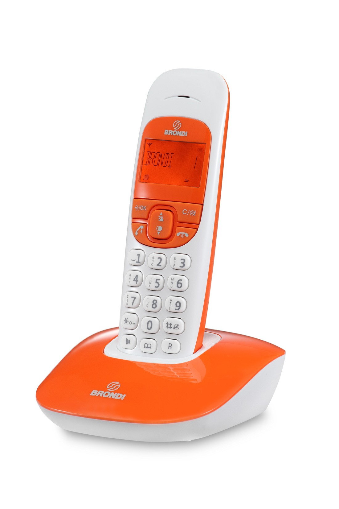 Oranges und weißes schnurloses Telefon auf einer Basis, Marke Brondi, mit Zahlen und Tasten.