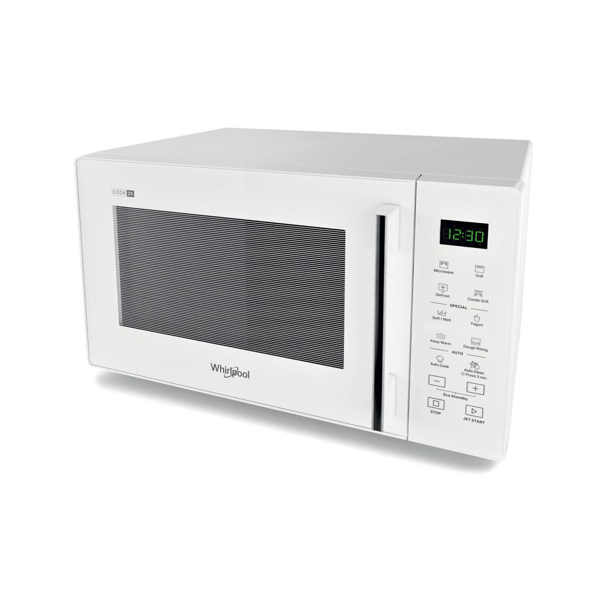 Biała kuchenka mikrofalowa Whirlpool z czarnymi drzwiami i panelem sterowania na białej powierzchni.