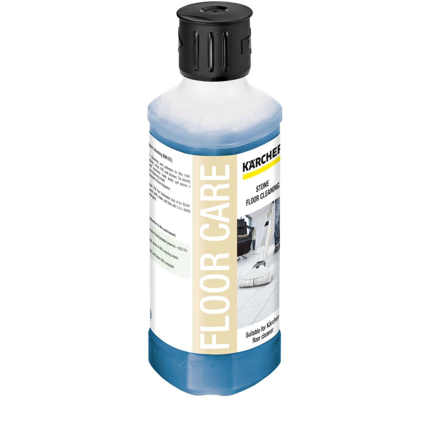 Una bottiglia di liquido blu Kärcher Floor Care con etichetta bianca e tappo nero.