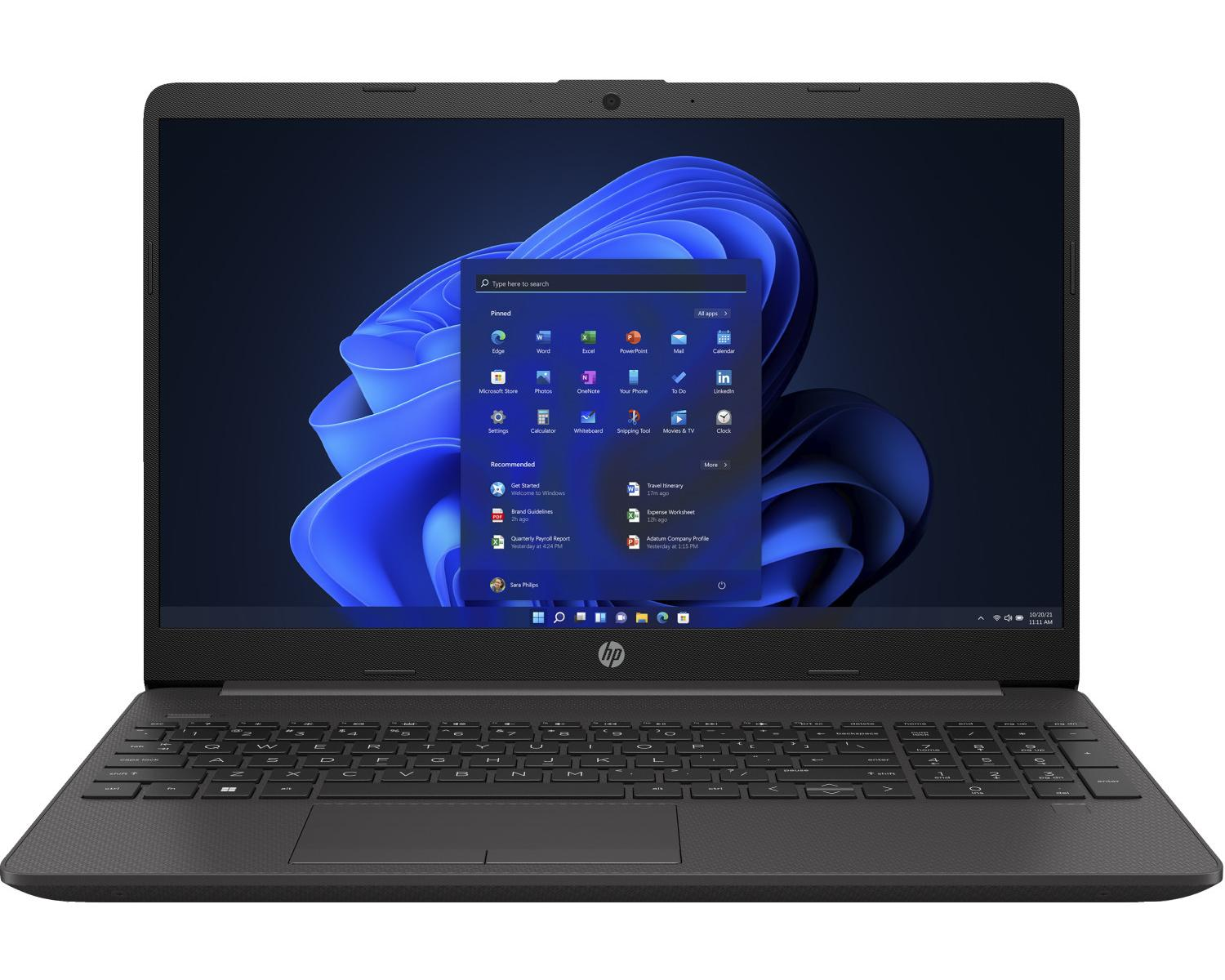 Laptop nero con schermo aperto, che mostra un'interfaccia Windows. Tastiera e trackpad visibili.
