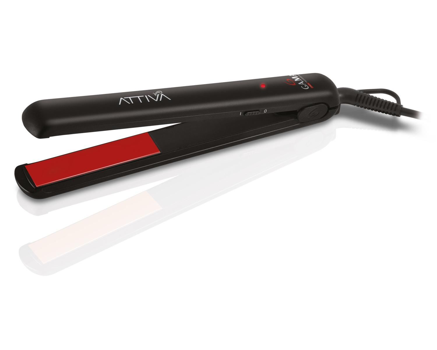 A black hair straightener with a red plate. It is on a white surface.