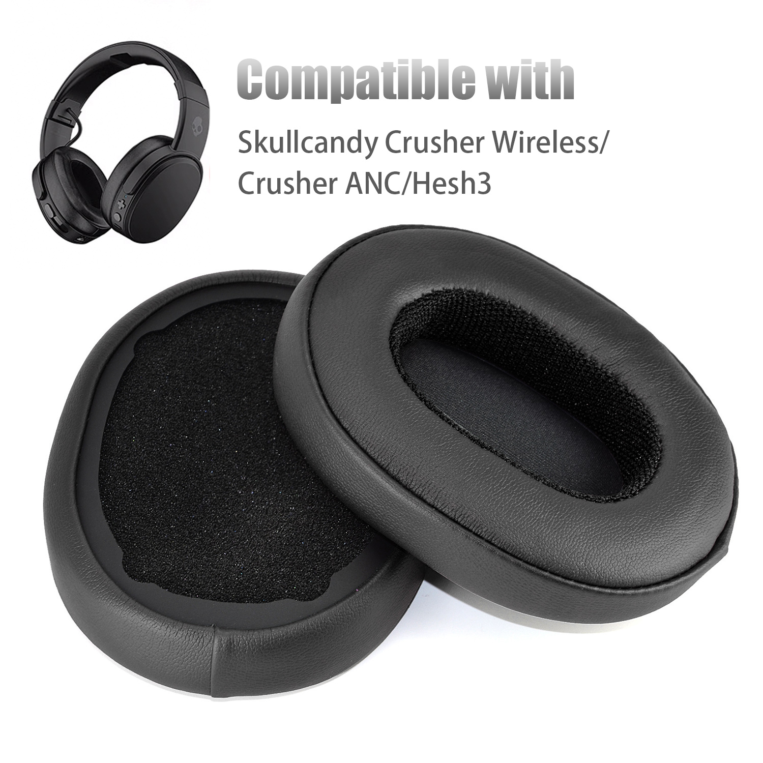 Czarne nauszniki do słuchawek Skullcandy na białej powierzchni.