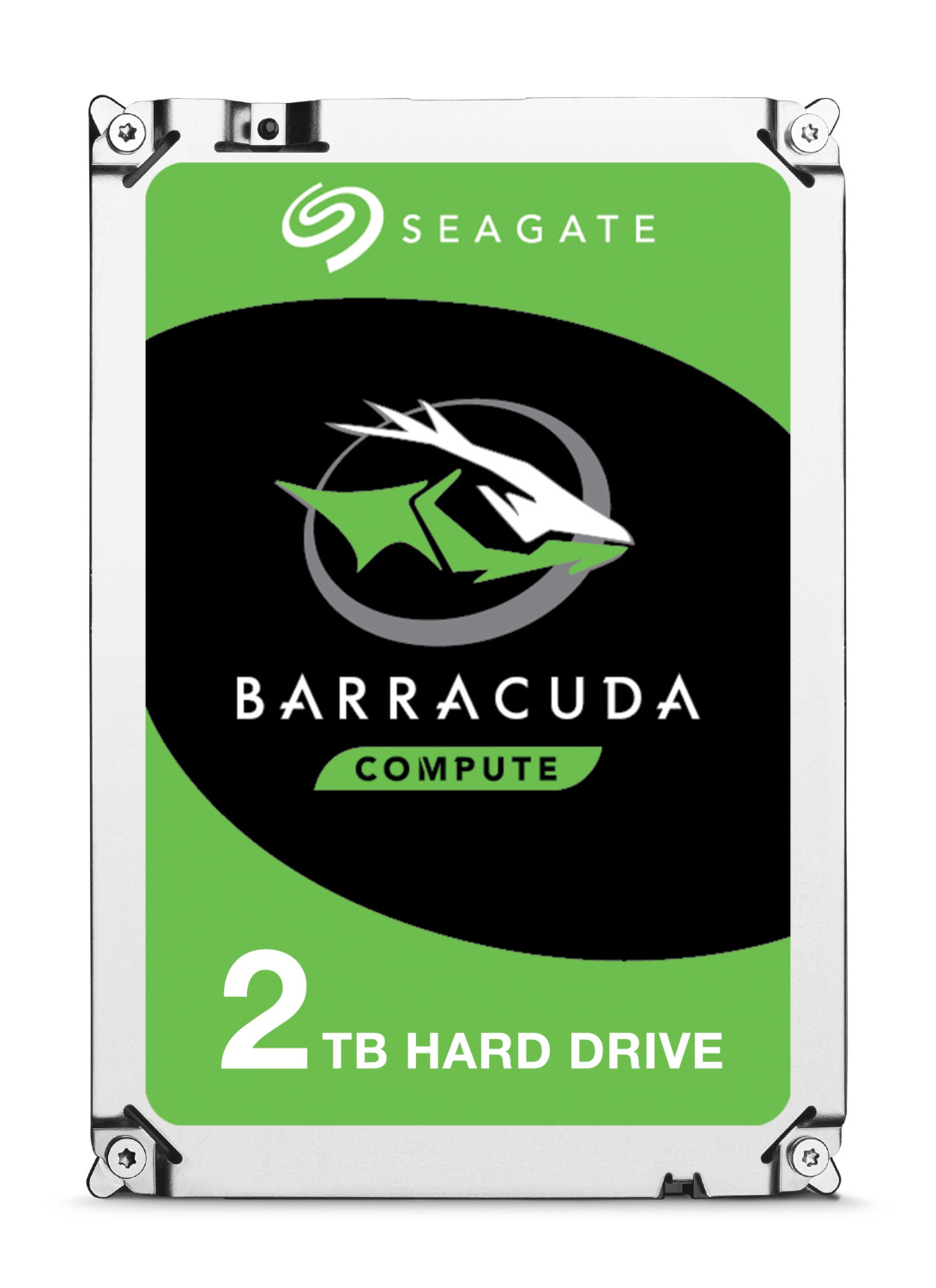 Dysk twardy Seagate Barracuda. Zielona i czarna etykieta. Białe tło.