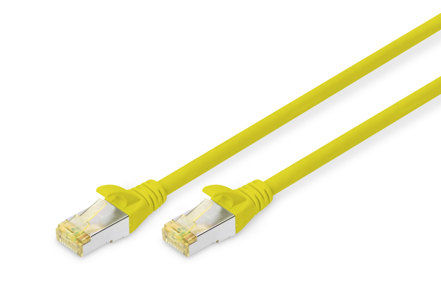 Żółty kabel Ethernet z wtyczkami na obu końcach. Białe tło.