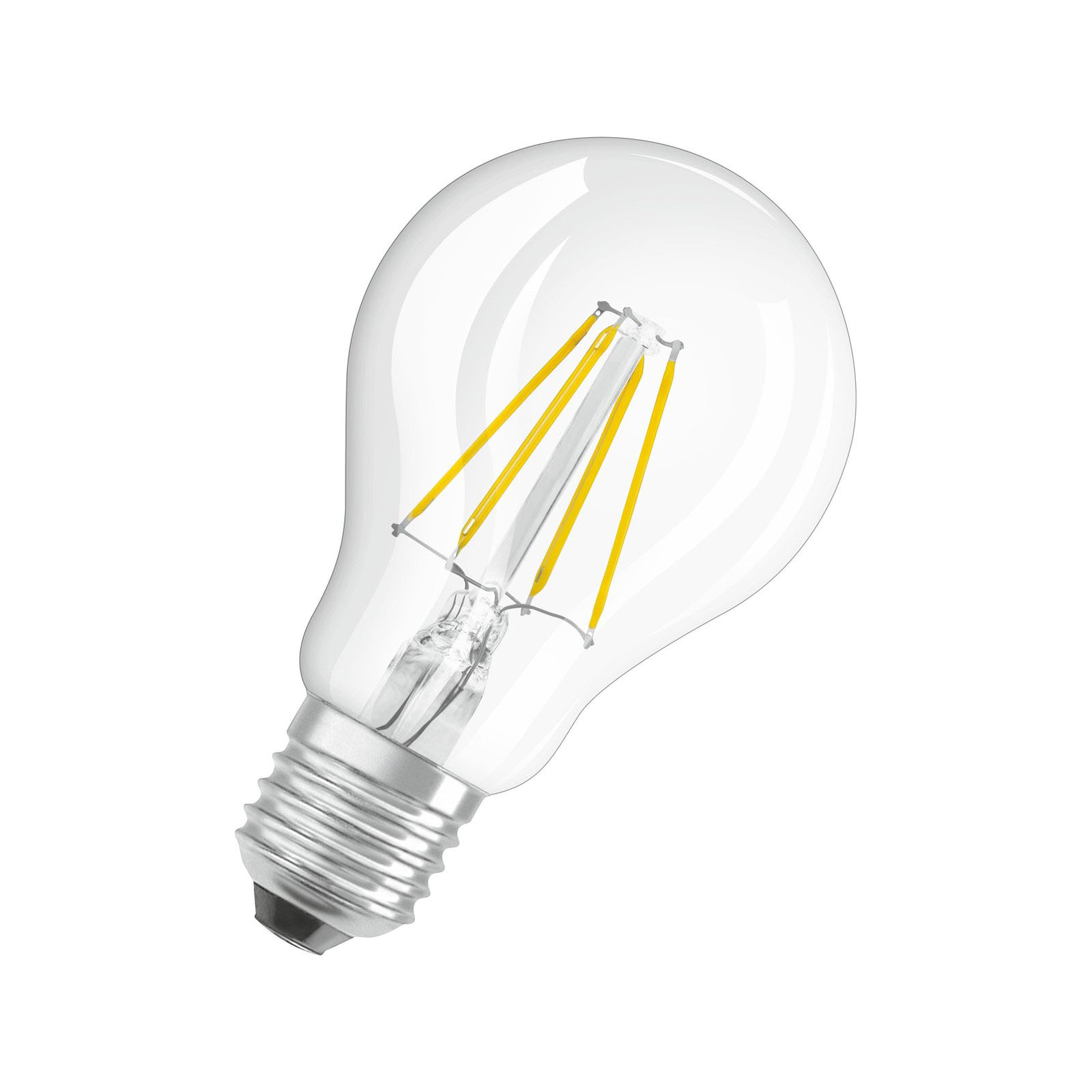 Lampadina trasparente con filamenti gialli, angolata su sfondo bianco.