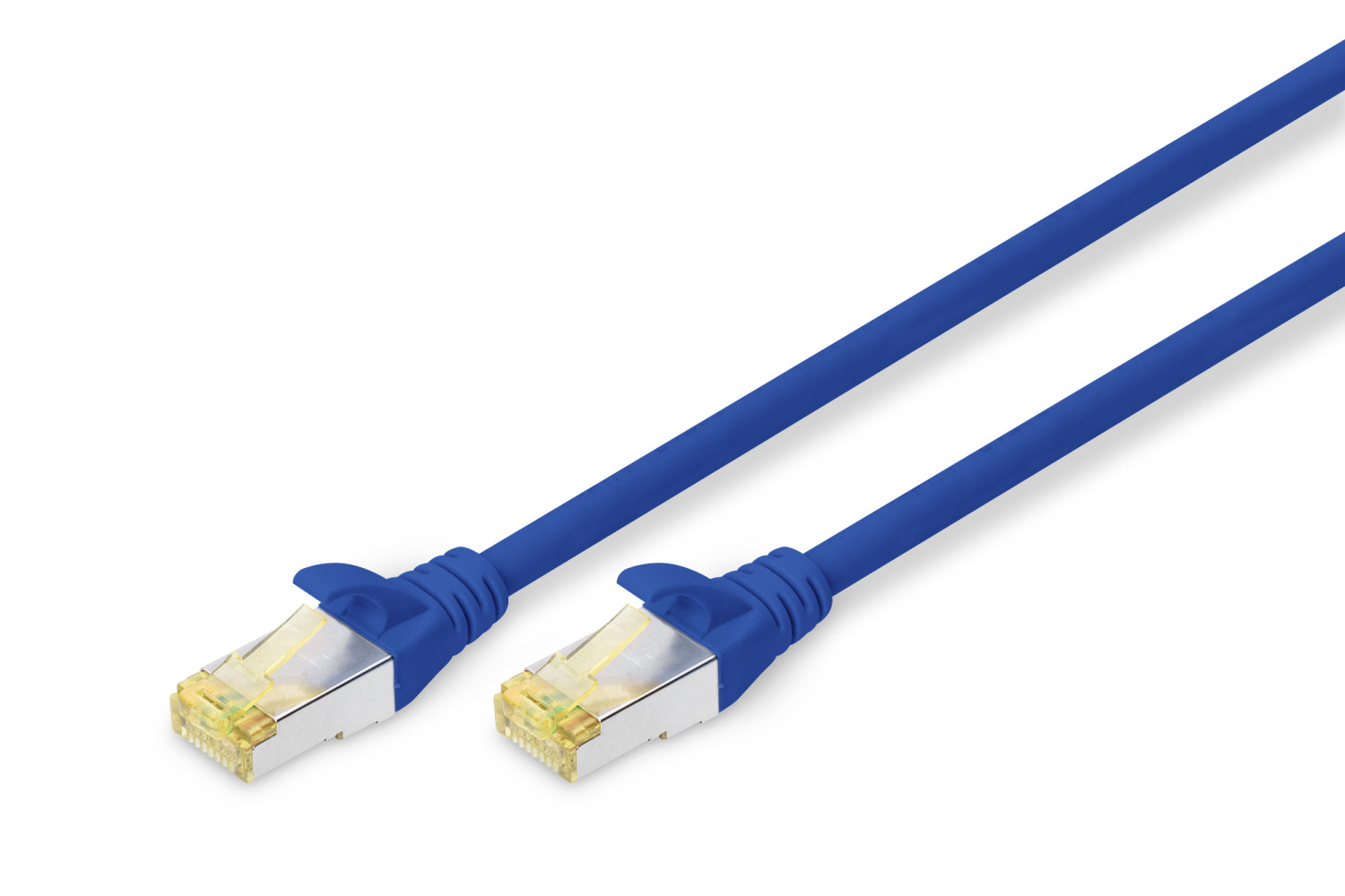 Niebieski kabel Ethernet z złączami, białe tło.