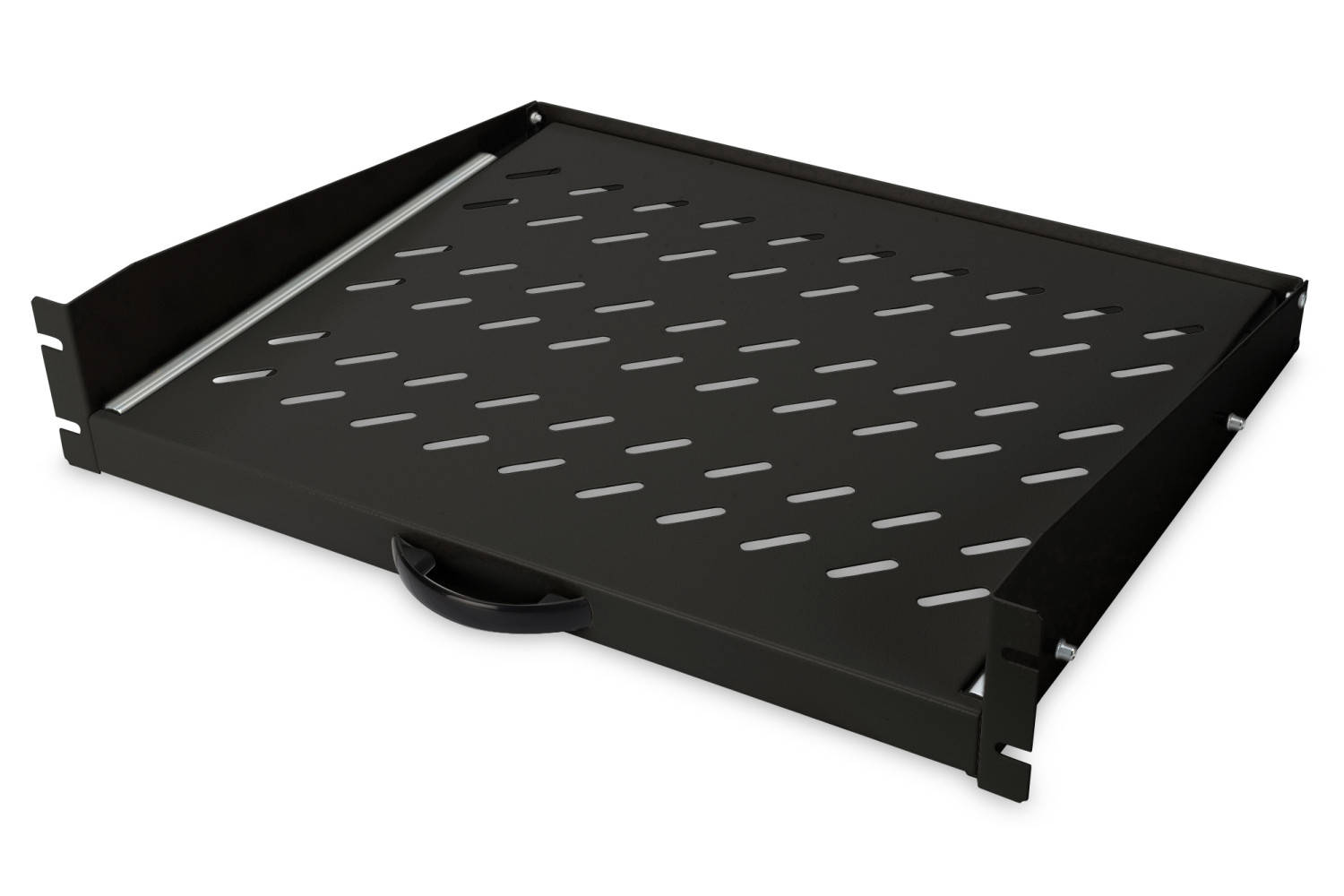 Schwarzes Metall-Rack-Regal mit Griff und Lüftungslöchern.