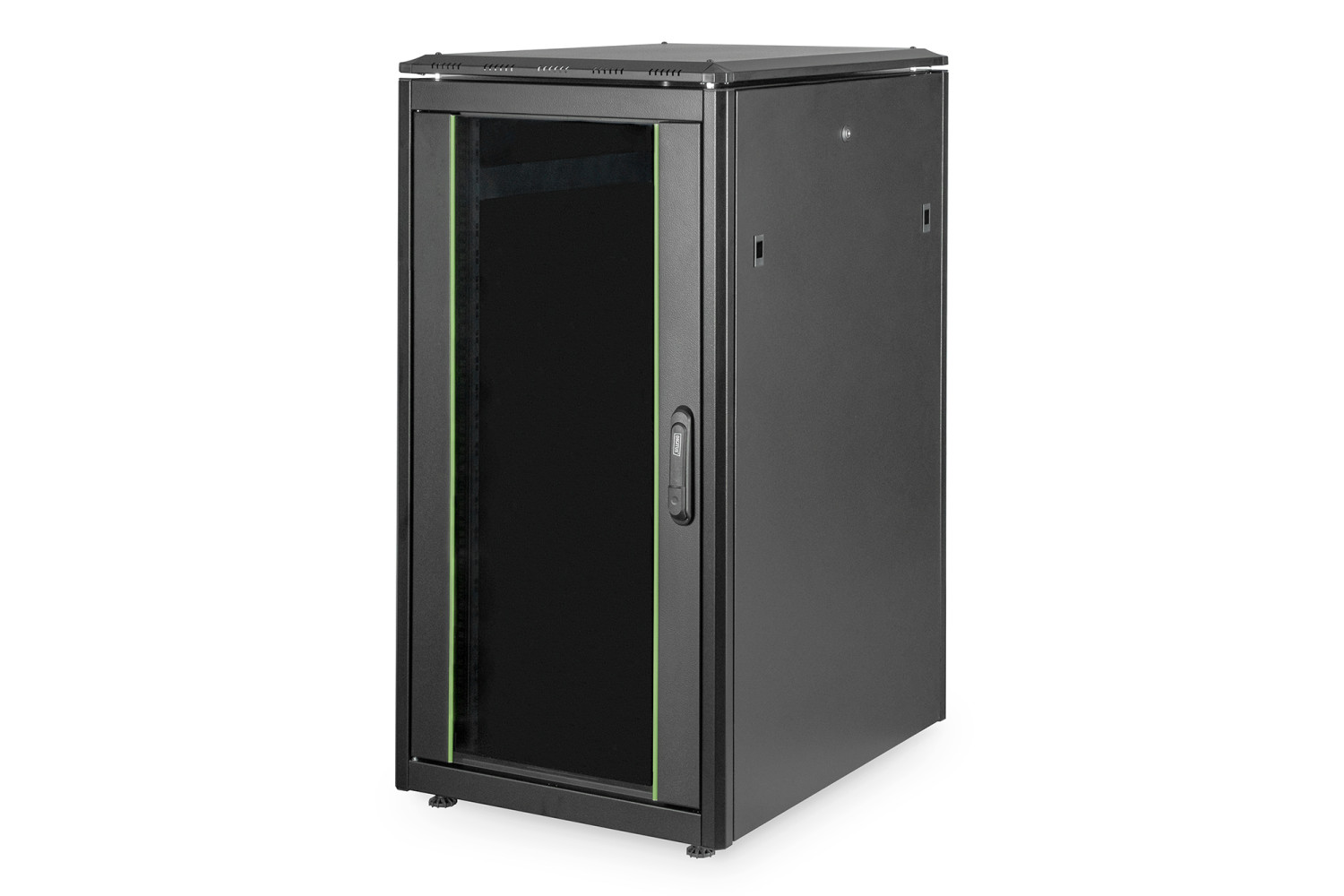 Ein schwarzer Serverschrank mit Glastür.