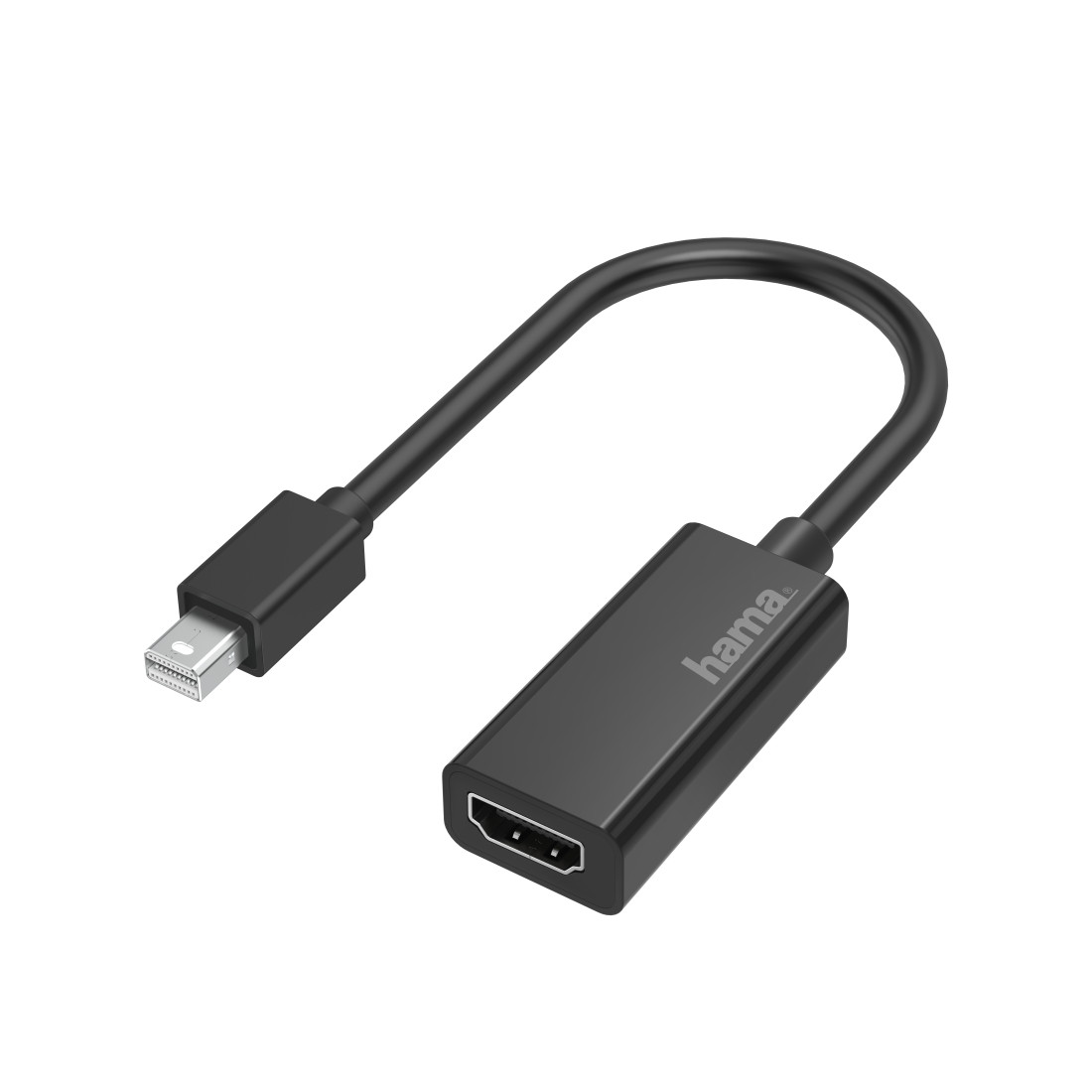 Czarny kabel adaptera HDMI na Mini DisplayPort, na białym tle.
