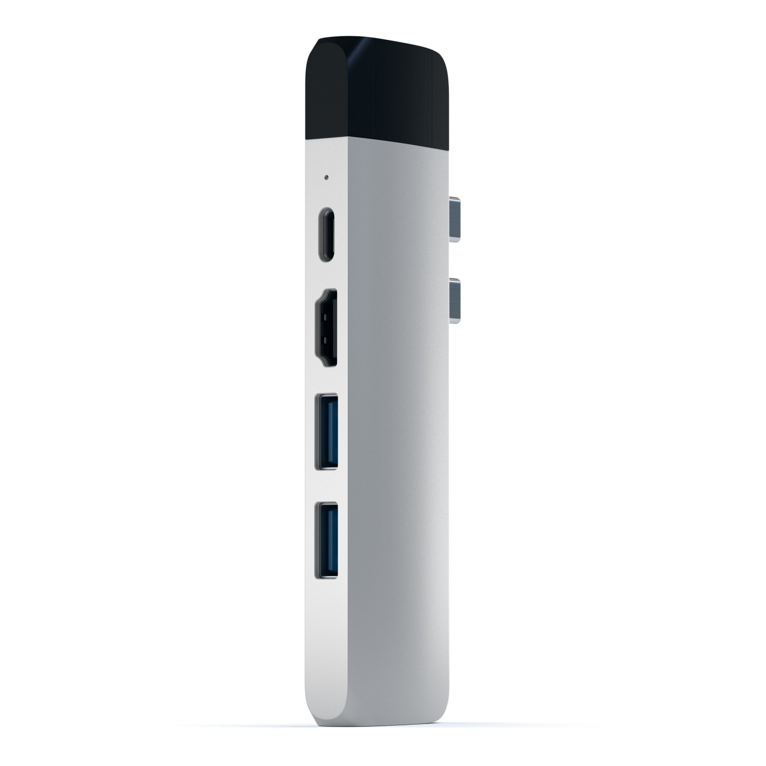 Ein silberner und schwarzer USB-C-Hub mit mehreren Anschlüssen.