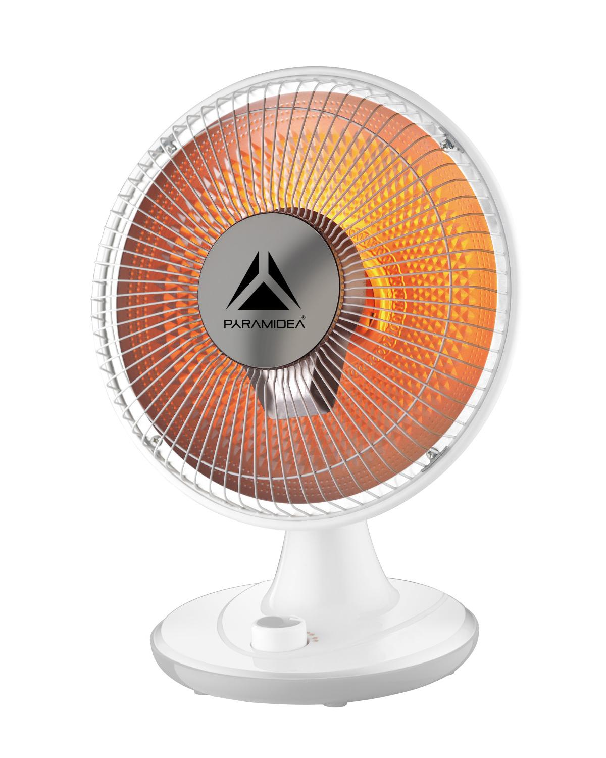 Ventilatore riscaldatore elettrico bianco. Elemento riscaldante arancione incandescente, con griglia protettiva.